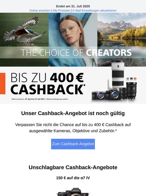 📷Letzte Chance – bis zu 400 € Cashback auf ausgewählte Produkte von Sony erhalten