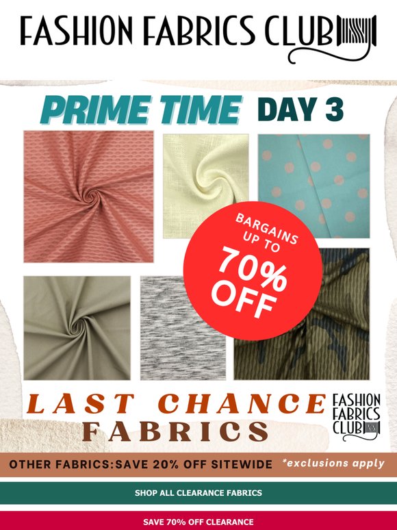 Up to 70% OFF Clearance Fabrics ⏰ Prime Time DAY 3