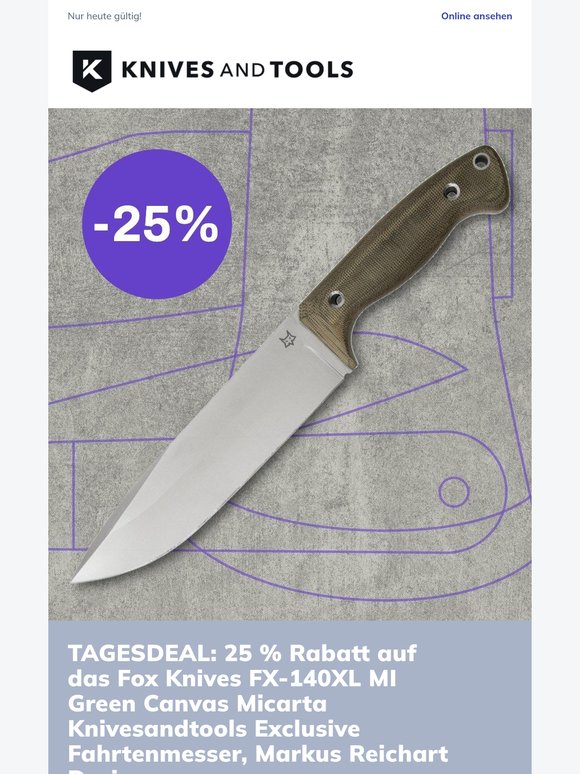 TAGESDEAL: 25 % Rabatt auf das Fox Knives FX-140XL MI Green Canvas Micarta Knivesandtools Exclusive Fahrtenmesser, Markus Reichart Design
