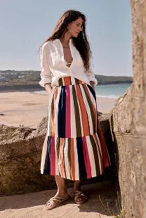 Image of model wearing the cranesbill striped tiered skirt