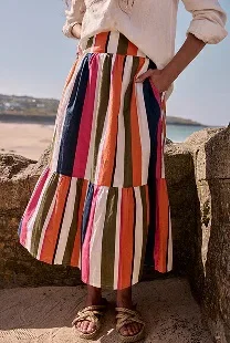 Image of model wearing the cranesbill striped tiered skirt