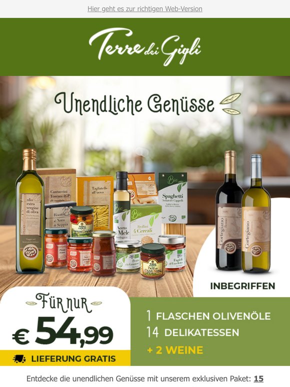 15 exquisite Lebensmittel + 2 edle Weine für nur 54,99 €! 🎉