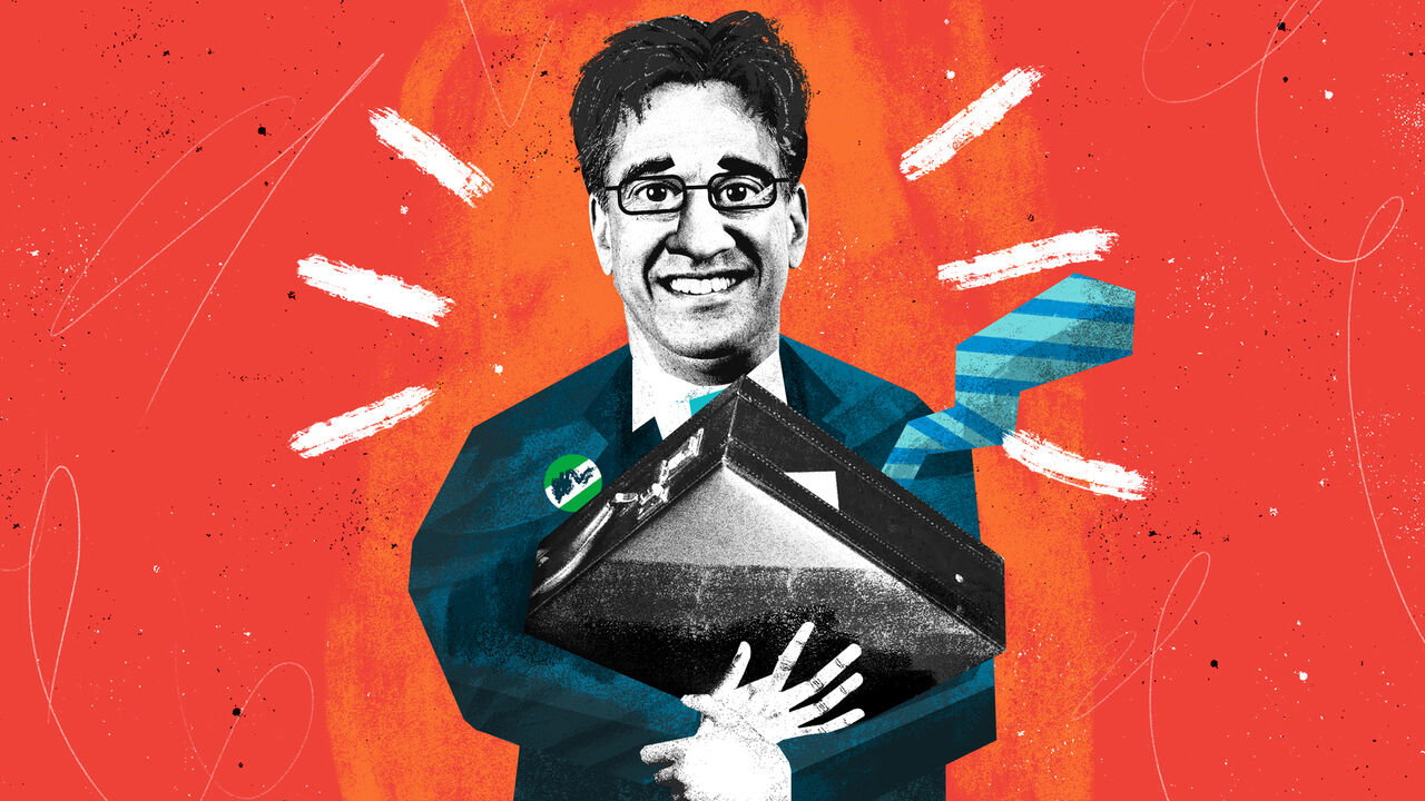 An illustration of Ed Miliband clutching a briefcase with his tie flying crookedly over his shoulder.
