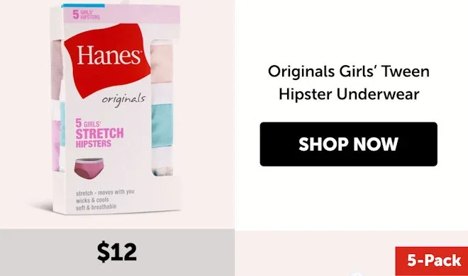 Originals Girls’ Tween Hipster Underwear, 5-Pack