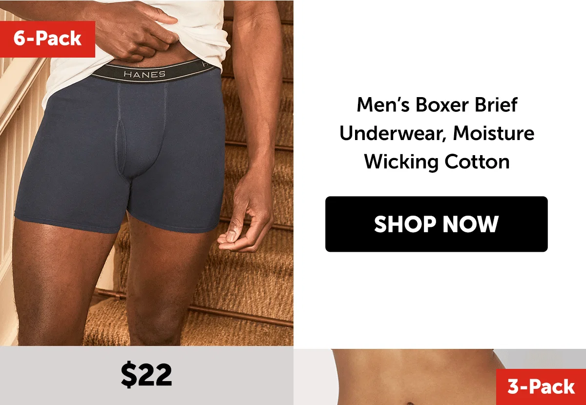 Men’s Boxer Brief Underwear, Moisture Wicking Cotton, 6-Pack
