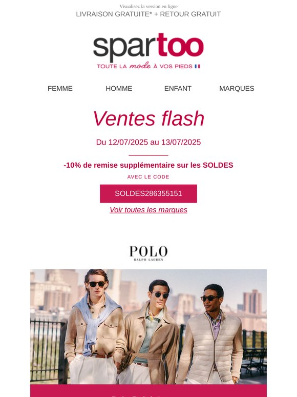 🔔 Votre style, une priorité chez Spartoo. Jusqu'à –60% et -10% supplémentaires sur Victoria, adidas Originals, Carlington, Tommy Hilfiger, Pieces, Deeluxe, Polo Ralph Lauren, Karl Lagerfeld et Les Petites Bombes : Ventes Flash en Livraison gratuite !