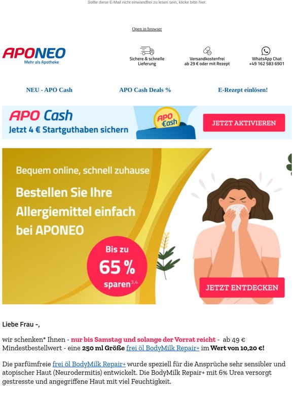 ღ 4 € APO Cash Startguthaben + gratis* frei öl® BodyMilk Repair+ 250 ml! ღ
