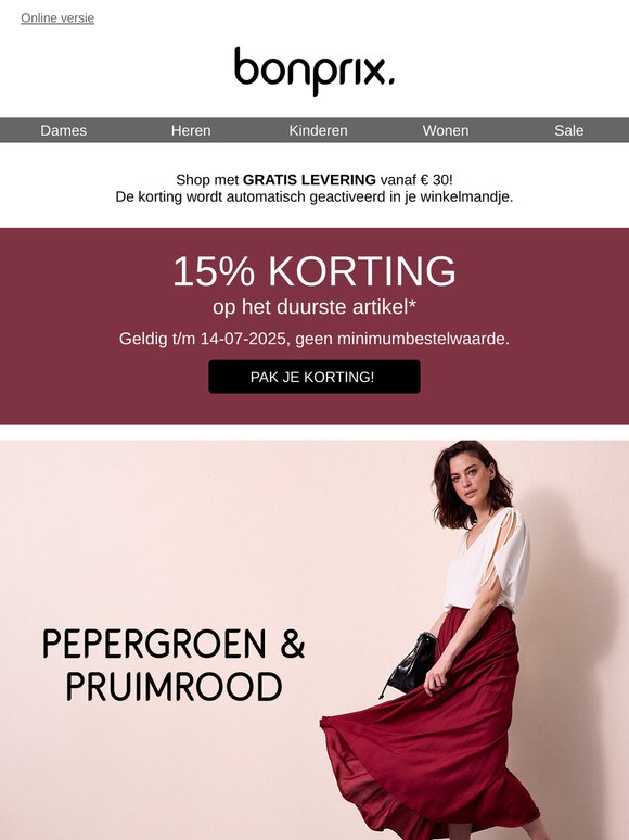 Jouw cadeau: -15% op je duurste artikel | Pepergroen & pruimrood