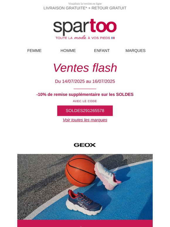 ‼️ A ne pas rater : –60% et -10% supplémentaires sur Geox, Dream in Green, Palladium, No Name, Ikks, Schott, HUGO, Napapijri et Calvin Klein Jeans : Ventes Flash en Livraison gratuite !
