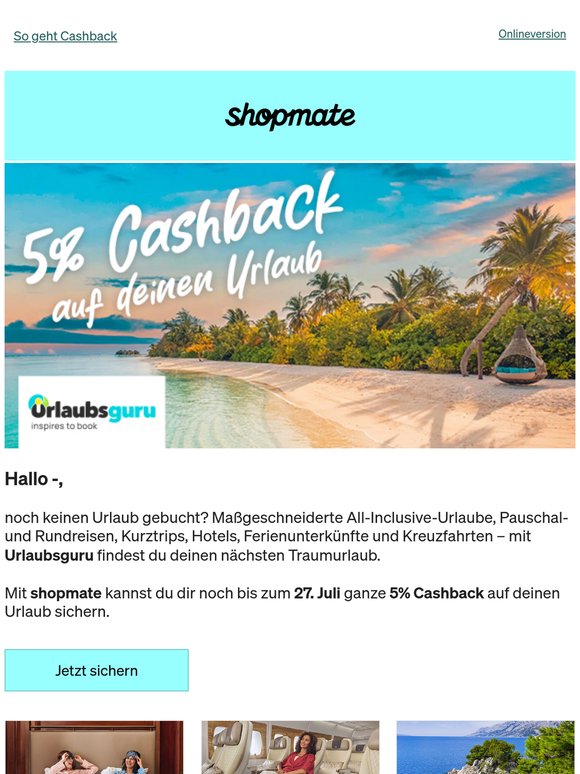 5% Cashback bei Urlaubsguru