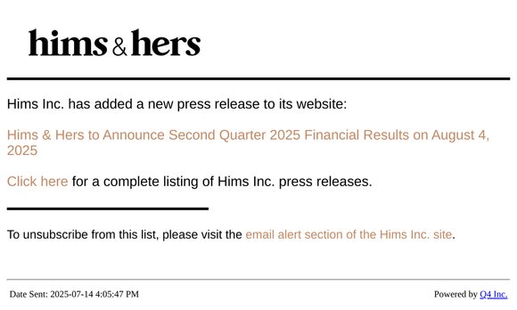 Hims Inc. - Hims & Hers to Announce Second Quarter 2025 Financial Results on August 4, 2025