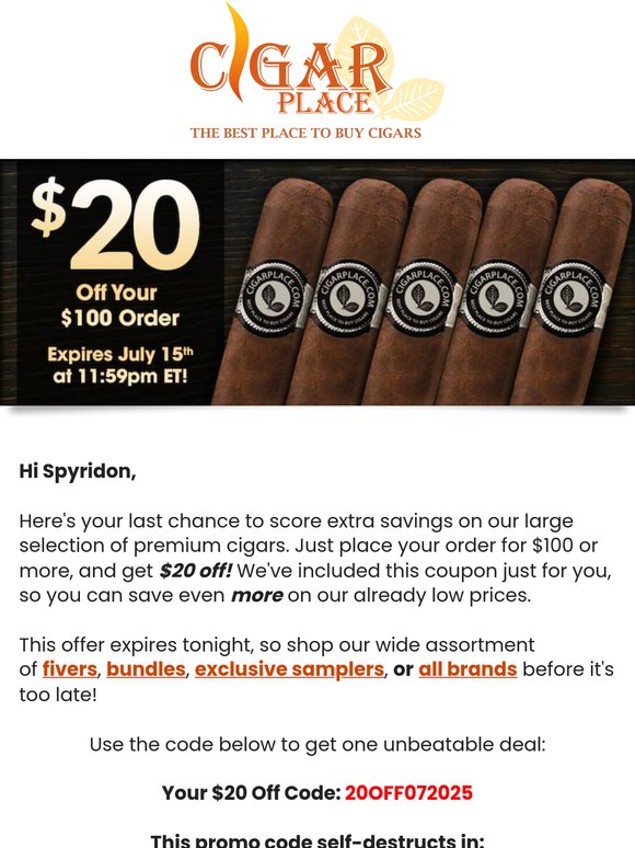 Hi Spyridon, Your $20 Off Coupon Is About to Expire!