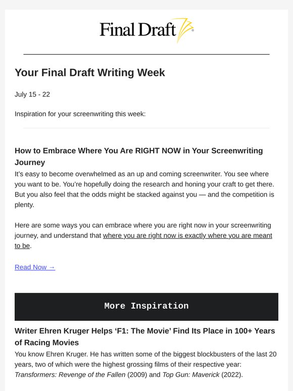 Your Final Draft Weekly Digest: July 15 – 22