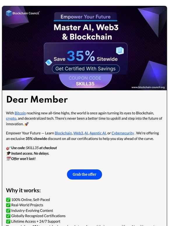 📈 𝐁𝐢𝐭𝐜𝐨𝐢𝐧 𝐇𝐢𝐭𝐬 𝐍𝐞𝐰 𝐇𝐢𝐠𝐡𝐬 — Master AI, Web3 & Blockchain at 35% Off!