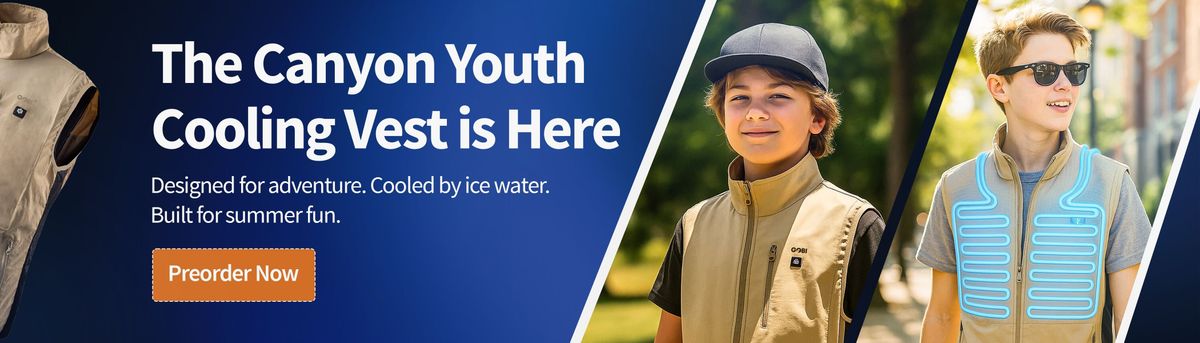 Two boys wearing the Gobi Heat Canyon Youth Cooling Vest outdoors on a sunny day. One vest shows visible cooling channels. Banner text reads “The Canyon Youth Cooling Vest is Here – Designed for adventure. Cooled by ice water. Built for summer fun.” A “Preorder Now” button is displayed.