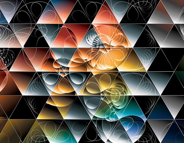 A conceptual artistic representation of the Langlands Program made from a grid of triangles with swirling lines and arrows that merge to form solid shapes to convey the converging of different branches of mathematics.
