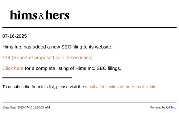 Hims Inc. - 144 (Report of proposed sale of securities) SEC Filing