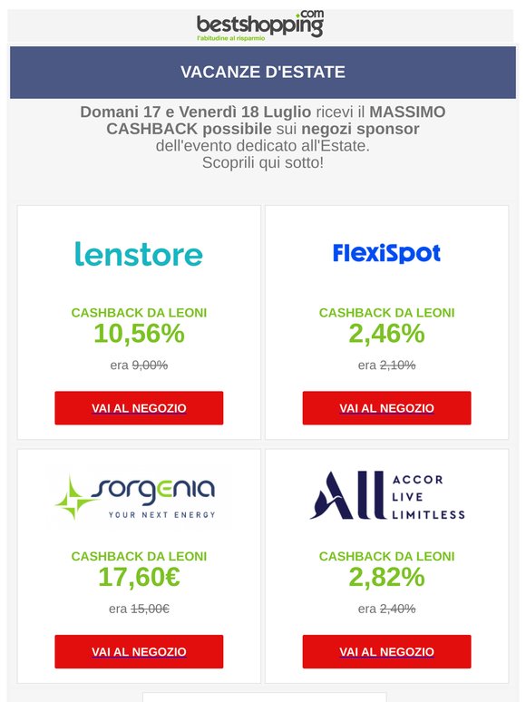 Festeggia l'Estate - Domani 17 e Venerdì 18 ricevi il massimo cashback sui negozi sponsor dell'evento