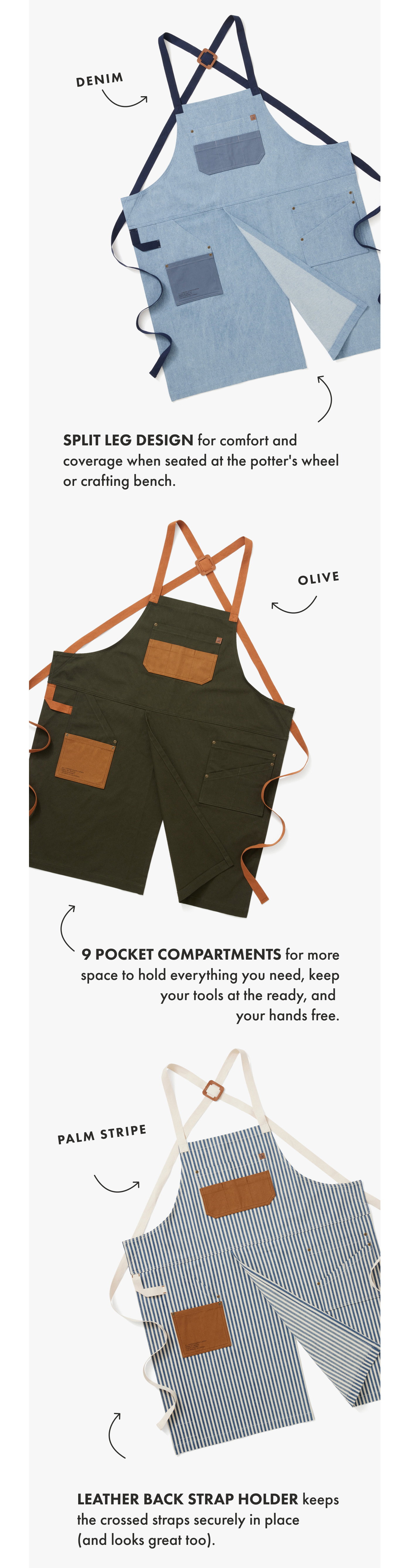 The Maker Apron Available In Olive, Denim, and Palm Stripe. 
