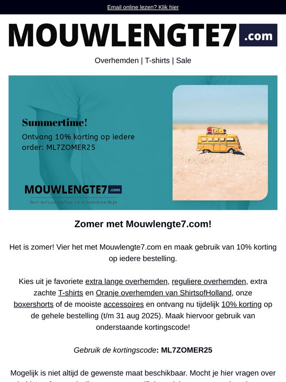 Zomer met Mouwlengte7.com! 10% korting op iedere bestelling