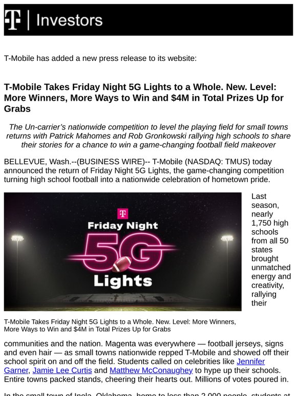 T-Mobile - T-Mobile Takes Friday Night 5G Lights to a Whole. New. Level: More Winners, More Ways to Win and $4M in Total Prizes Up for Grabs