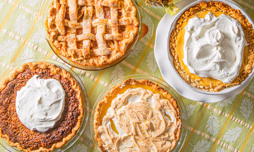 These classic Southern pies have a history that spans decades. Clockwise from top left: Green Tomato Pie, Crook's Corner's Atlantic Beach Pie, Vinegar Pie and Dinah Shore's Chocolate Chip Walnut Pie.