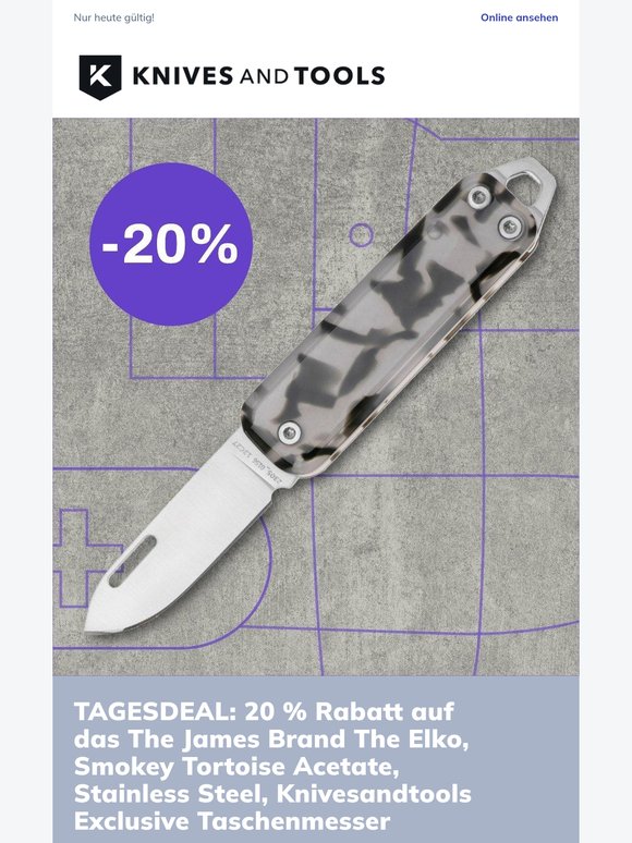 20 % Rabatt auf das The James Brand The Elko, Smokey Tortoise Acetate, Stainless Steel, Knivesandtools Exclusive Taschenmesser