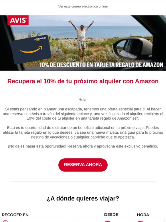 10% de descuento en tarjeta regalo de Amazon en tu alquiler Avis