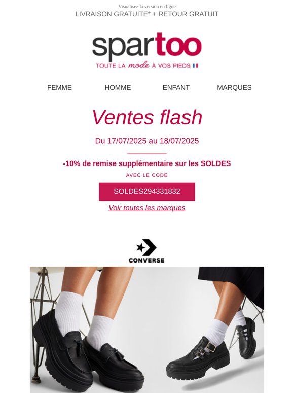 🥁 Jusqu'à –60% et -10% supplémentaires sur Converse, Betty London, Puma, Reebok Classic, Morgan, The North Face, Lauren Ralph Lauren, adidas Performance et DELSEY PARIS : Ventes Flash en Livraison gratuite !