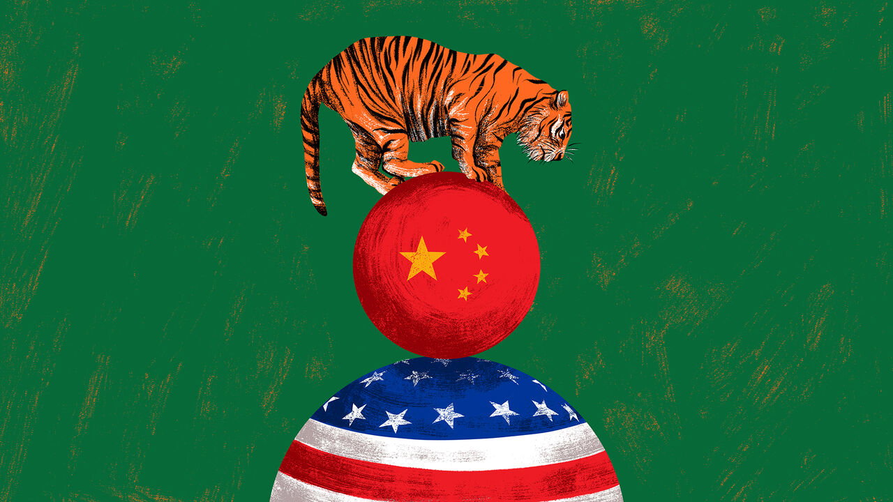 An illustration of a tiger balancing on a red ball with the stars of the China flag which in turn is balanced on a ball with the US flag pattern on it.