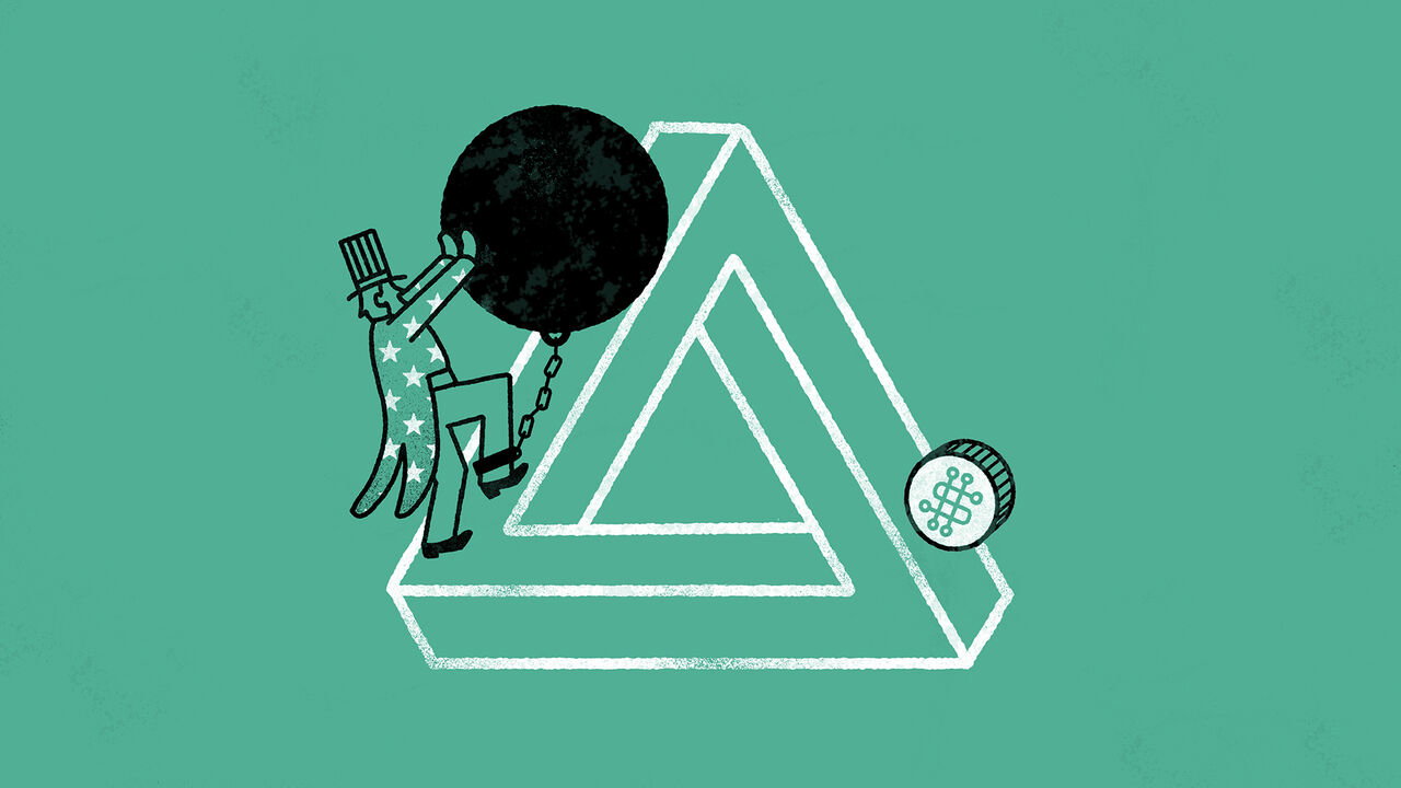 Illustration of Uncle Sam pushing a ball attached by a chain to his leg up the side of an impossible triangle, a bitcoin is rolling down the other side