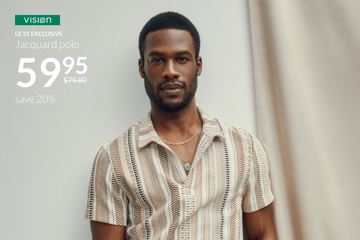 Man wearing a geometric-stripe jacquard polo at 59.95$ instead of 79$