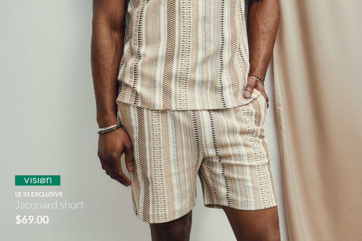 Man wearing a geometric-stripe jacquard short at 69$