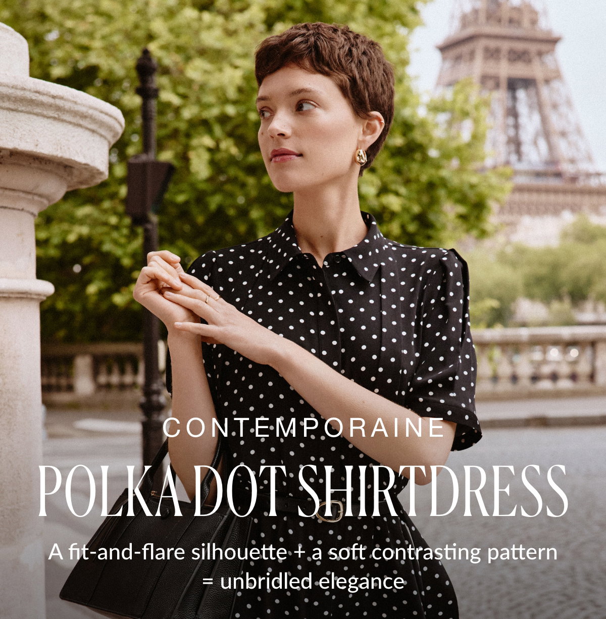 Contemporaine Polka dot shirtdress A fit-and-flare silhouette + a soft contrasting pattern = unbridled elegance