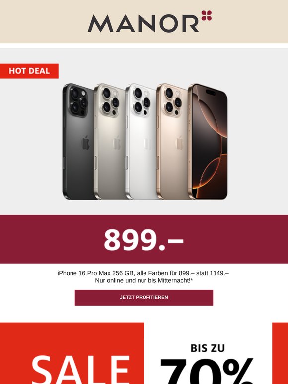 —, iPhone 16 Pro Max 256 GB, alle Farben für 899.– statt 1149.–