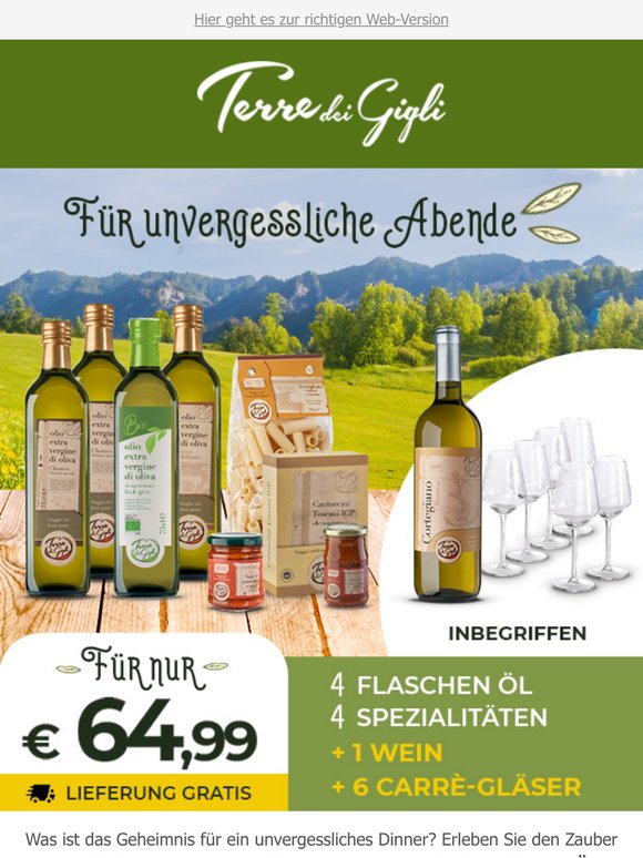 4 Flaschen Öl, 4 Feinkostspezialitäten, 1 Wein und 6 Gläser für nur 64,99 €! 🎉 – Lieferung gratis