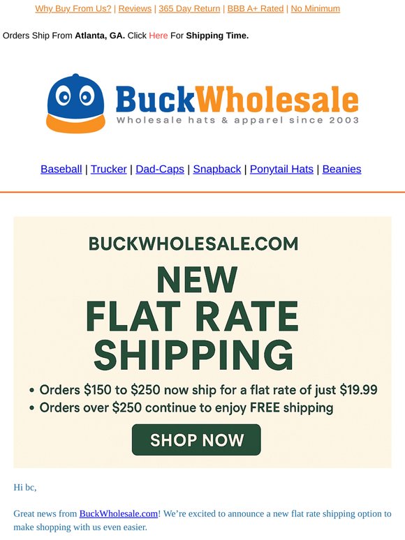 New Flat Rate Shipping — Only $19.99 on Orders $150–$250!