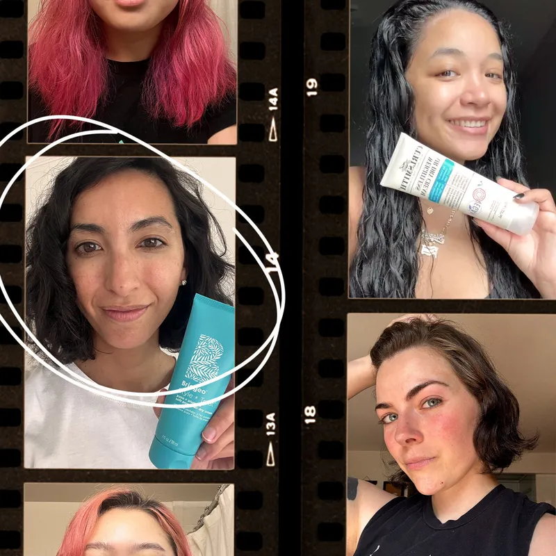 Image contains a collage of selfies of Allure editors holding various air-dry creams for hair