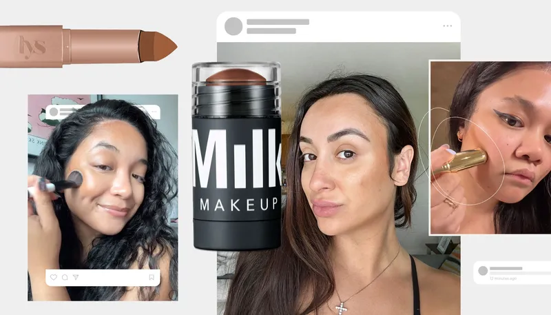 A collage of women wearing bronzer and contour sticks