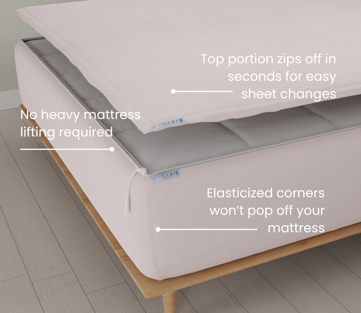 Top zips off in seconds for easy changes, no heavy mattress lifting required, elastic corners won't pop off your mattress
