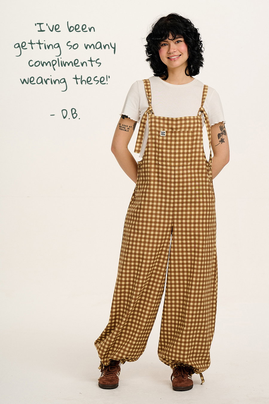 Ali - Wide Leg Cotton Dungarees Brown Birch Gingham Print