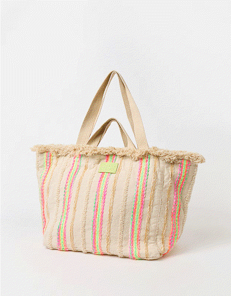 Neon Stripe Frayed Cotton Beach Bag