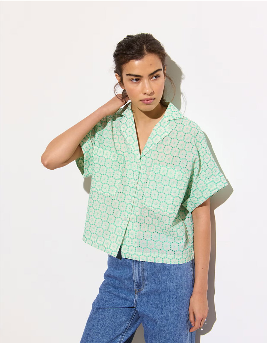 Green & White Floral Broderie Boxy Shirt
