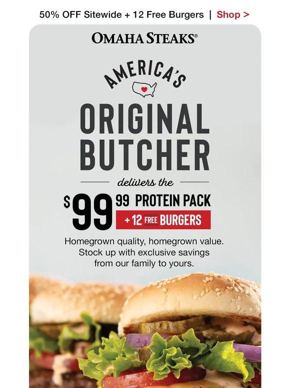 $99.99 package + 12 FREE burgers & 50% OFF.