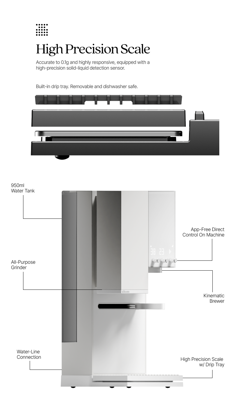 xBloom studio is intelligent and capable, allowing you to brew beyond boundaries, w/ state of the art technology - High Precision Scale