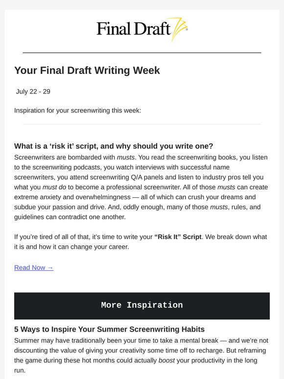 Your Final Draft Weekly Digest: July 22 – 29