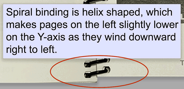 Spiral binding causes page alignment to be slightly offset when opened