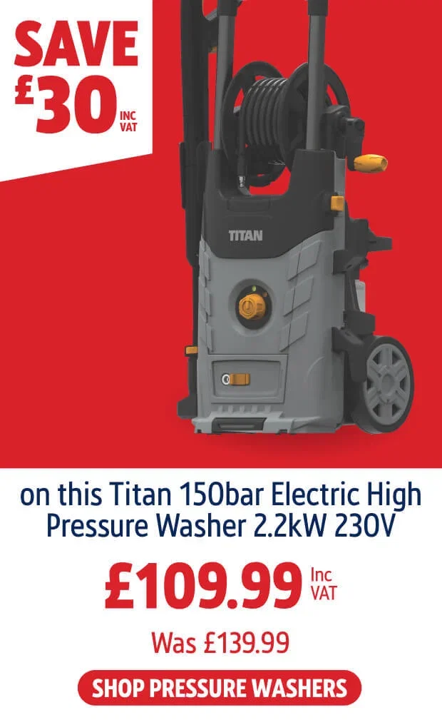 Save £30 inc vat on this Titan 150bar Electric High Pressure Washer 2.2k 230V