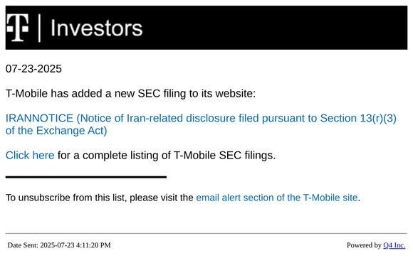 T-Mobile - IRANNOTICE (Notice of Iran-related disclosure filed pursuant to Section 13(r)(3) of the Exchange Act) SEC Filing