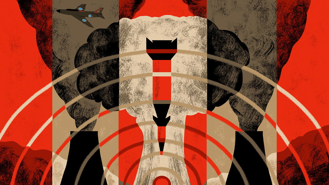 An illustration of a bomb being dropped with a nuclear mushroom cloud in the backfground between two nuclear cooling towers billowing steam. Shockwaves radiate out from the bottom of the mushroom cloud. Above a plane, marked with Swedish roundels, is flyin